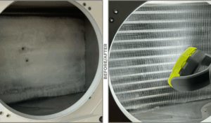Commercial refrigeration unit before repairs – visible ice buildup on evaporator coils